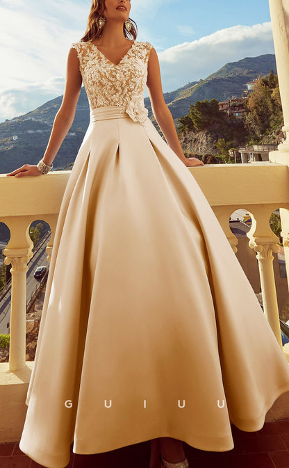 G3448 - Classic & Timeless A-Line V-Neck Beaded Floral Embossed Draped Ankle-Length Ballgown Prom Dress