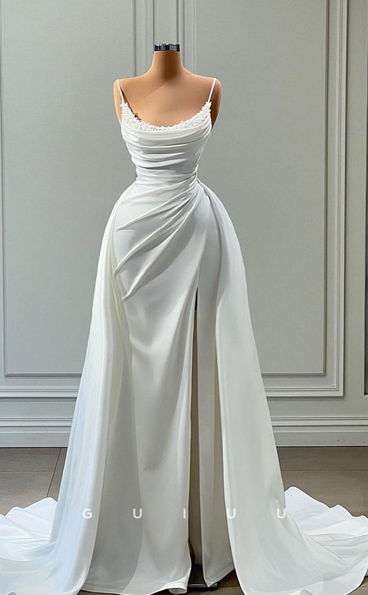 G3458 - Chic & Modern Sheath Scoop Straps Lace Draped High Side Slit Overlay Sweep Train Ball Gown Prom Dress