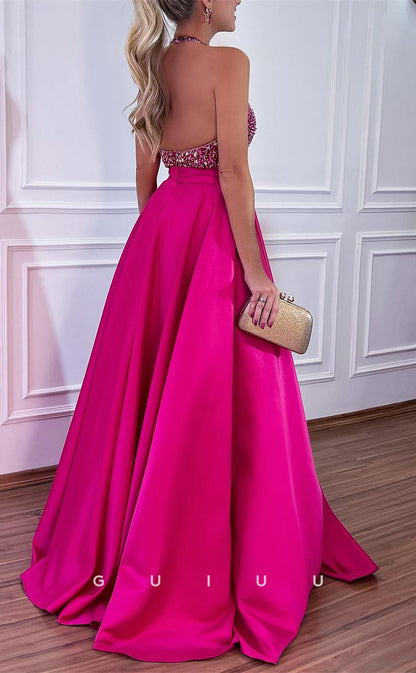 G3462 - Chic & Moden A-Line Halter Draped Beaded Sequined Floor-Length Party Ballgown Prom Dress