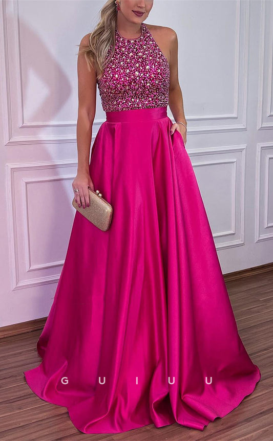 G3462 - Chic & Moden A-Line Halter Draped Beaded Sequined Floor-Length Party Ballgown Prom Dress