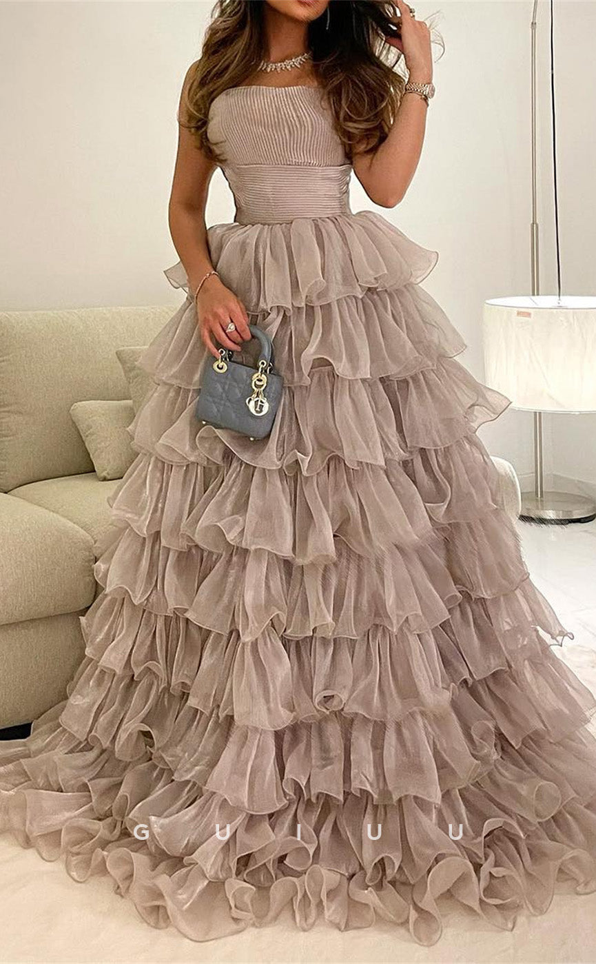 G3466 - Chic & Modern Ballgown Strapless Draped Tulle Floor-Length Tiered Prom Dress