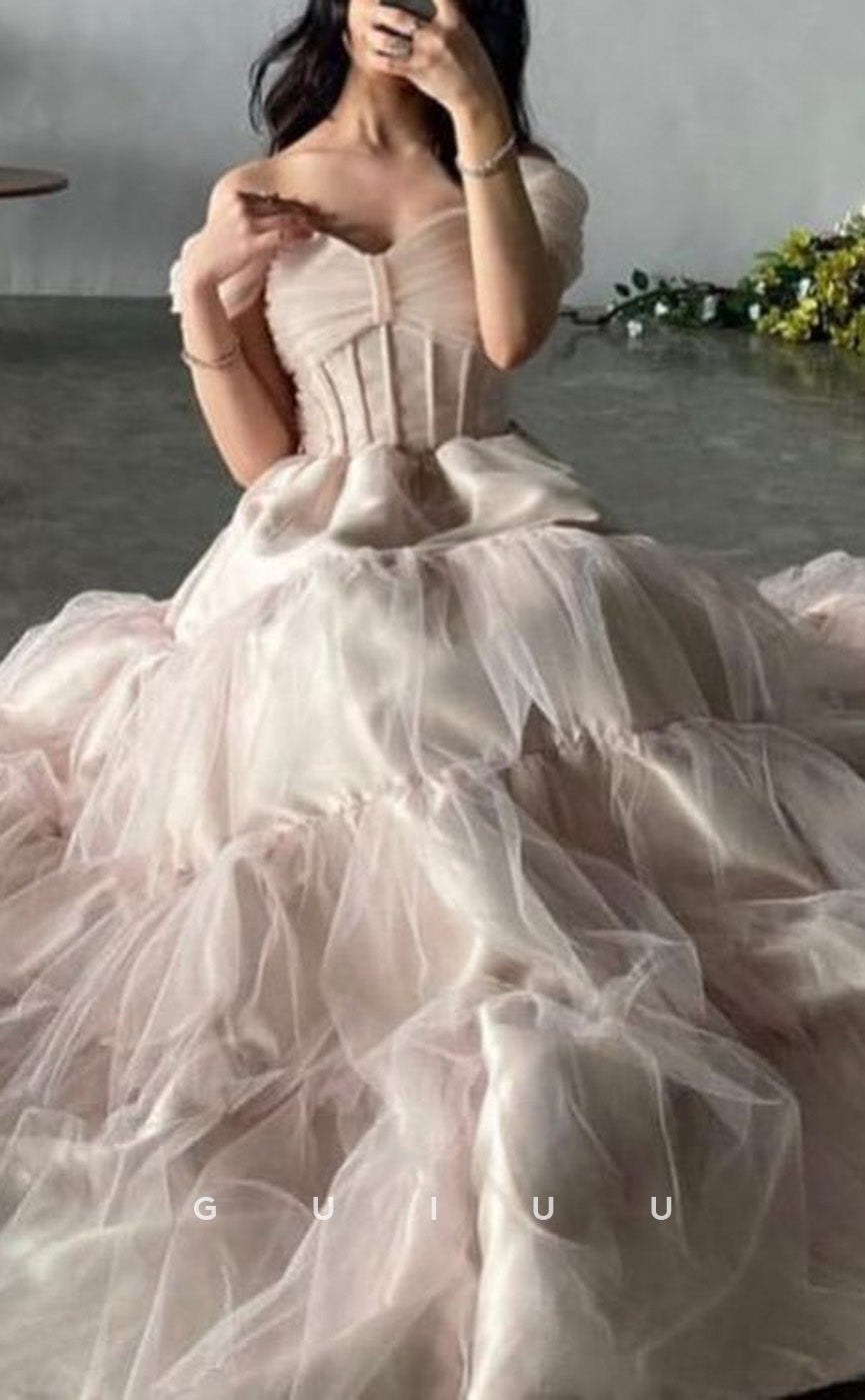 G3474 - Chic & Modern A-Line Off Shoulder Tiered Satin & Tulle Floor-Length Bowknot Long Ballgown Prom Dress