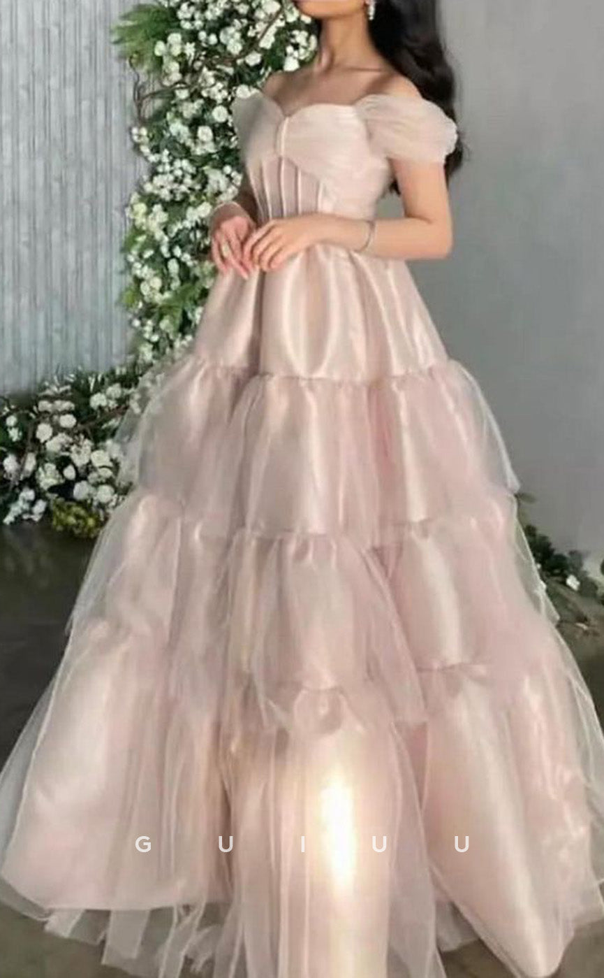 G3474 - Chic & Modern A-Line Off Shoulder Tiered Satin & Tulle Floor-Length Bowknot Long Ballgown Prom Dress