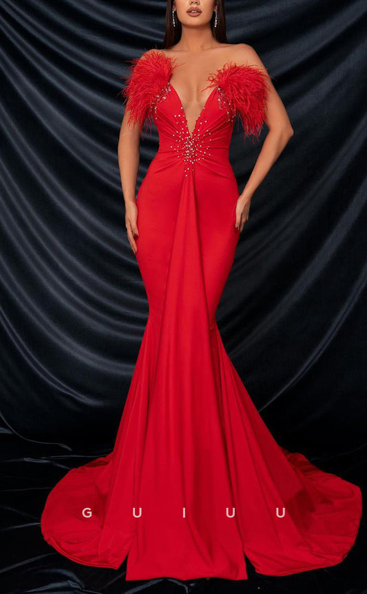 G3475 - Sexy & Hot Mermaid Plunging V-Neck Strapless Feather Beaded Floor-Length Party Gown Prom Dress