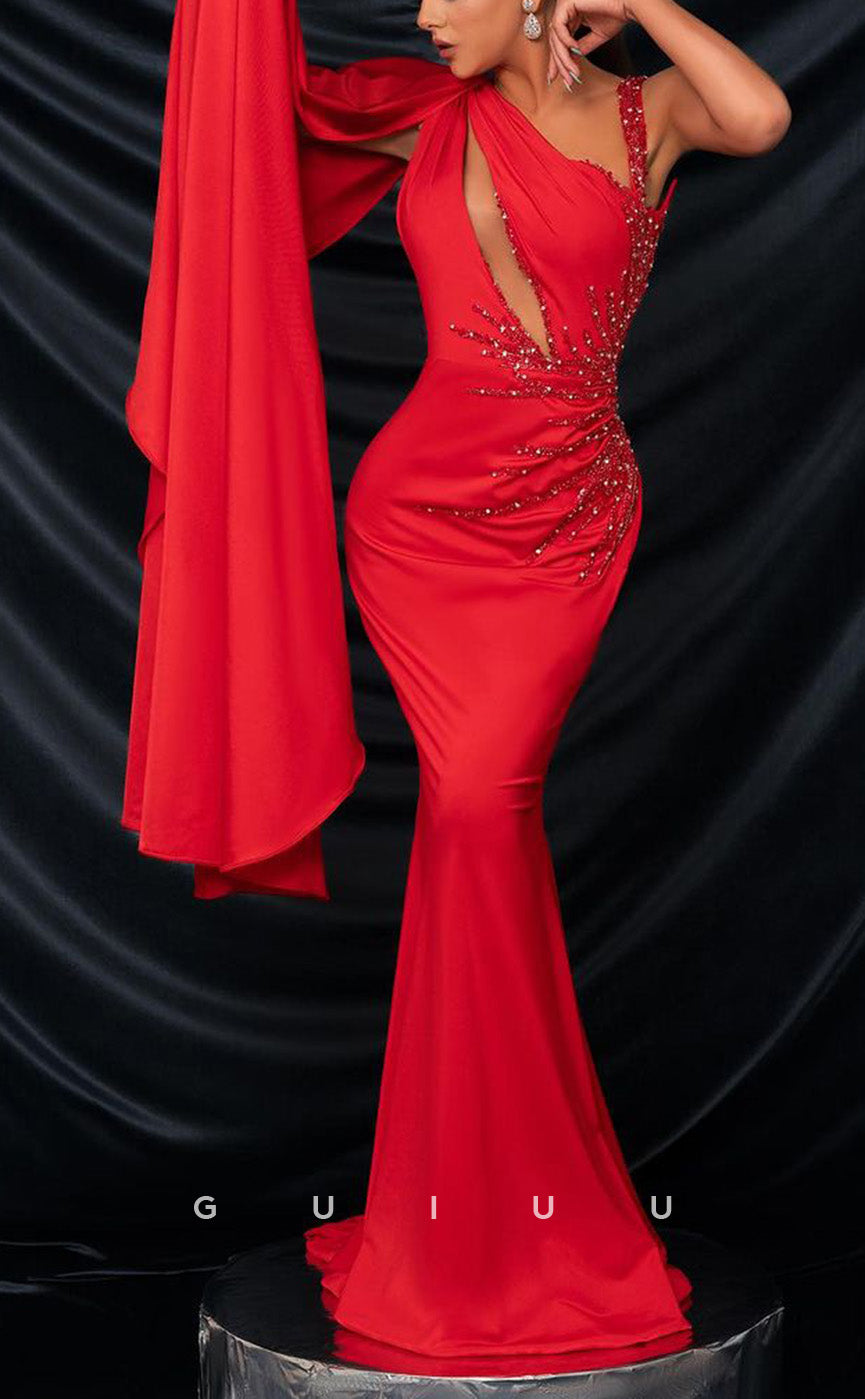 G3476 - Chic & Modern Sheath Asymetrical Cut Outs Beaded Long Sleeves Floor-Length Party Gown Prom Dress