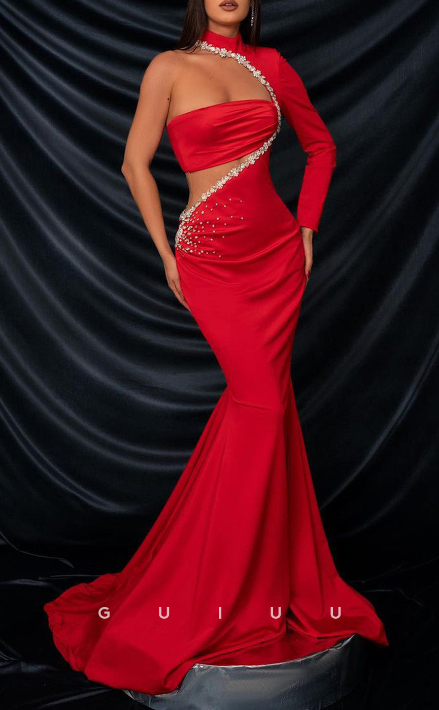 G3477 - Sexy & Hot Trumpet Strapless Halter One Long Sleeve Beaded Cut Outs Long Party Gown Prom Dress With Sweep Train