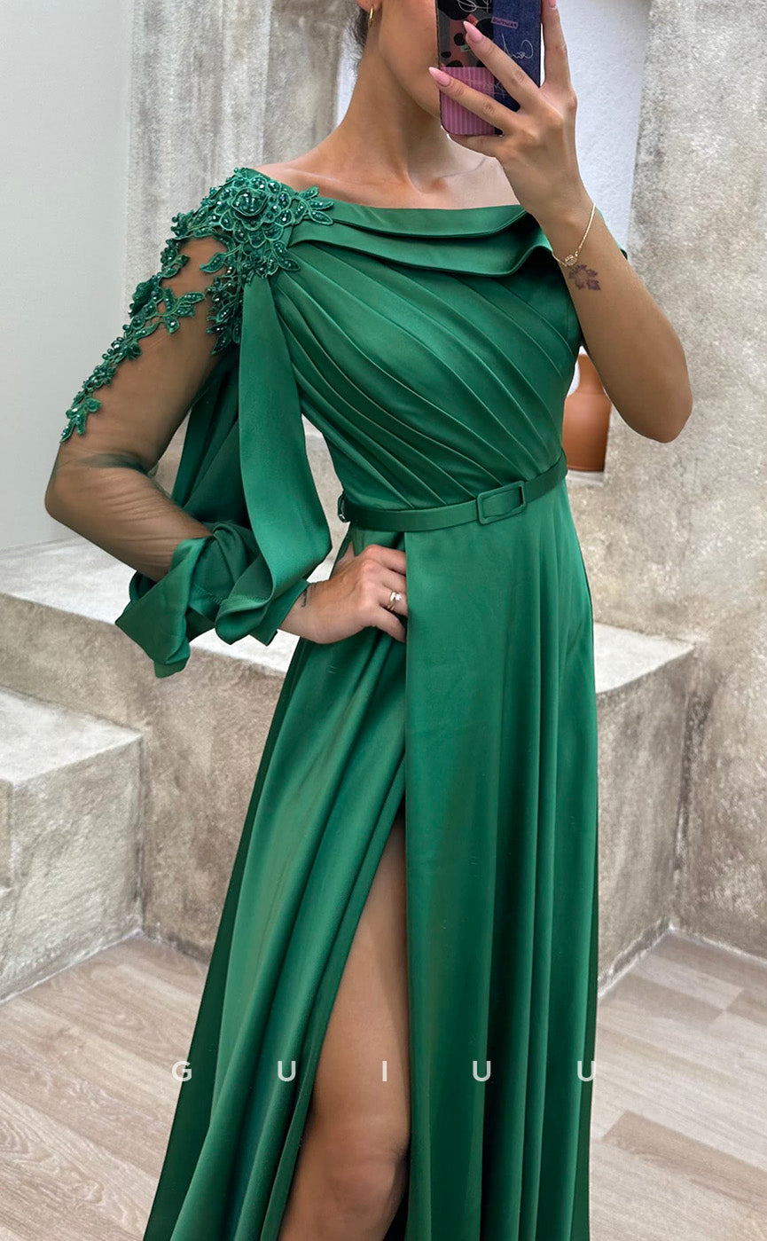 G3479 - Chic & Modern A-line Asymmetrical Long Sleeves Draped High Side Slit Floor-Length Party Gown Prom Dress