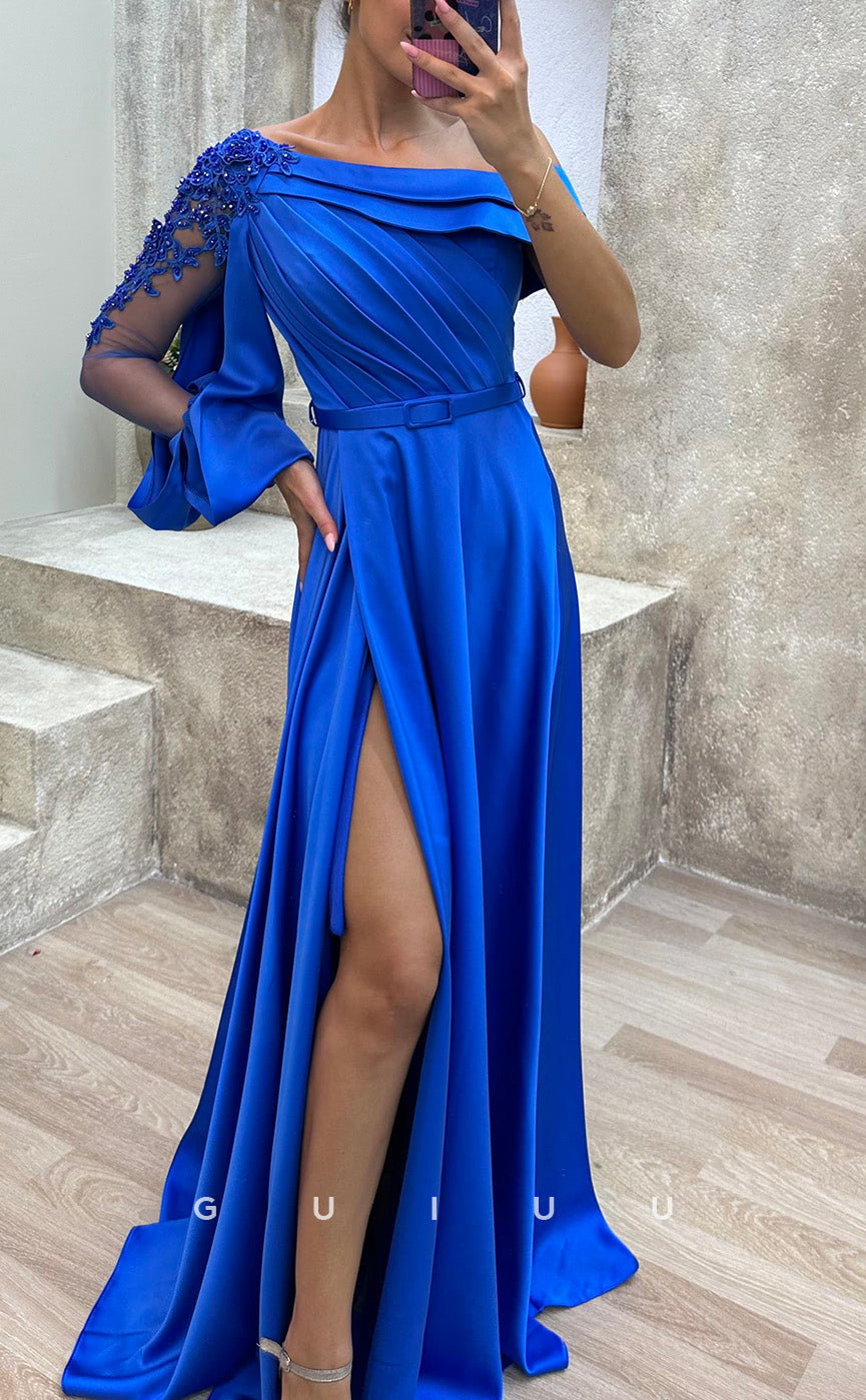 G3479 - Chic & Modern A-line Asymmetrical Long Sleeves Draped High Side Slit Floor-Length Party Gown Prom Dress