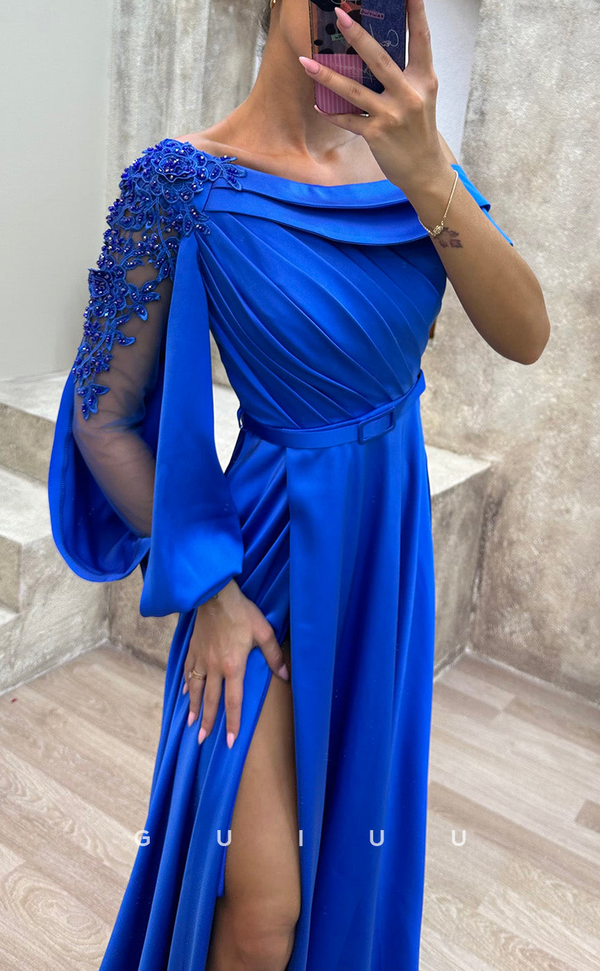 G3479 - Chic & Modern A-line Asymmetrical Long Sleeves Draped High Side Slit Floor-Length Party Gown Prom Dress