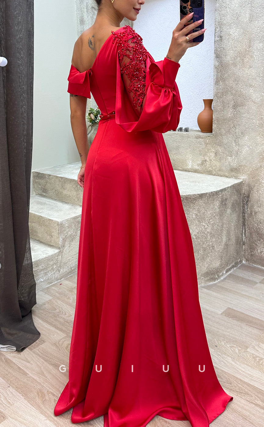 G3479 - Chic & Modern A-line Asymmetrical Long Sleeves Draped High Side Slit Floor-Length Party Gown Prom Dress