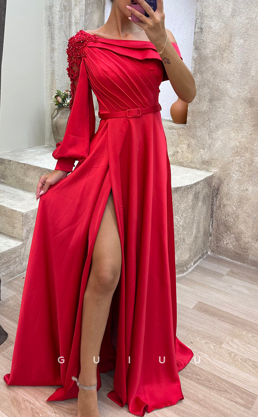 G3479 - Chic & Modern A-line Asymmetrical Long Sleeves Draped High Side Slit Floor-Length Party Gown Prom Dress