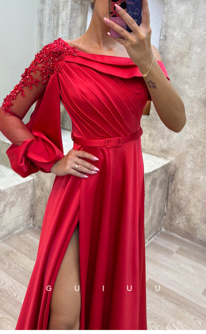 G3479 - Chic & Modern A-line Asymmetrical Long Sleeves Draped High Side Slit Floor-Length Party Gown Prom Dress