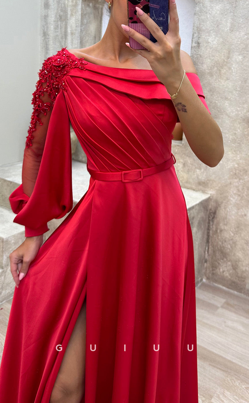 G3479 - Chic & Modern A-line Asymmetrical Long Sleeves Draped High Side Slit Floor-Length Party Gown Prom Dress