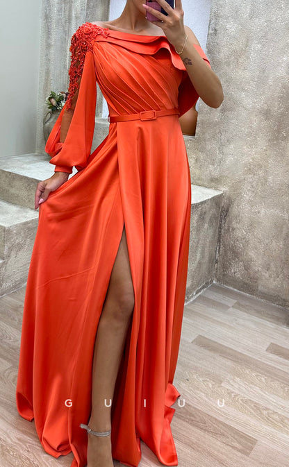 G3479 - Chic & Modern A-line Asymmetrical Long Sleeves Draped High Side Slit Floor-Length Party Gown Prom Dress