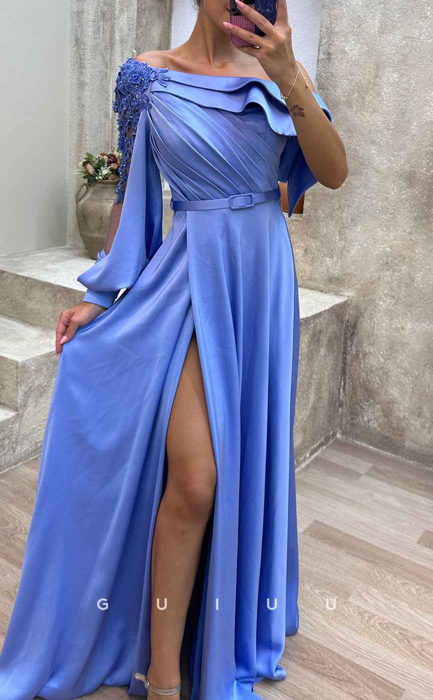 G3479 - Chic & Modern A-line Asymmetrical Long Sleeves Draped High Side Slit Floor-Length Party Gown Prom Dress