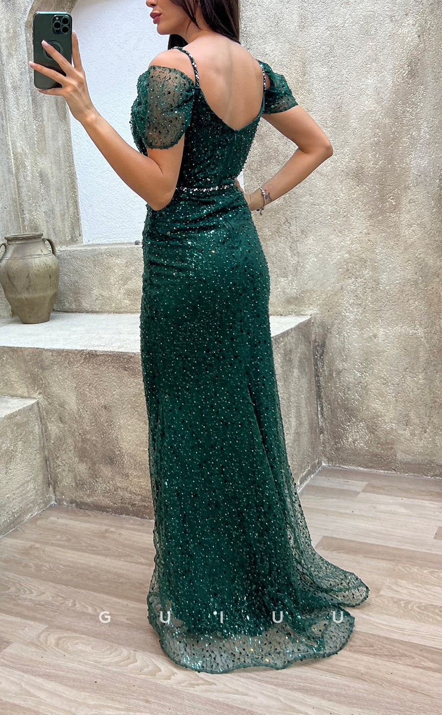 G3480 - Sexy & Hot Sheath Off Shoulder Straps Fully Sequined & Beaded Side Slit Floor-Length Evening Party Gown Prom Dress