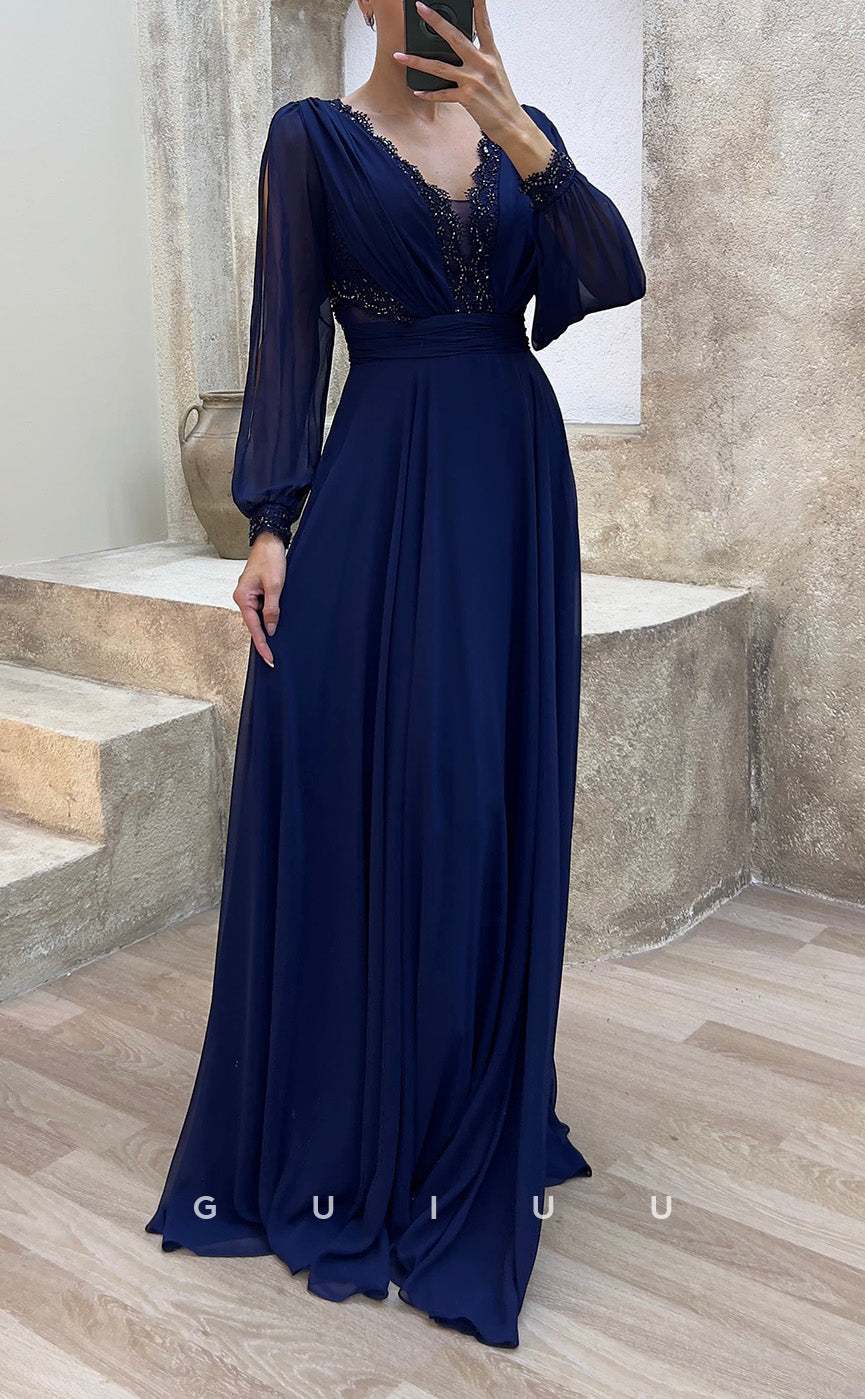 G3482 - Classic & Modern A-Line V-Neck Long Sleeves Sequined Draped Floor-Length Party Prom Dress