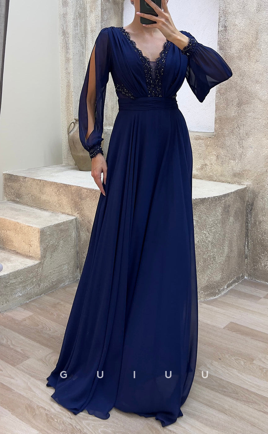 G3482 - Classic & Modern A-Line V-Neck Long Sleeves Sequined Draped Floor-Length Party Prom Dress