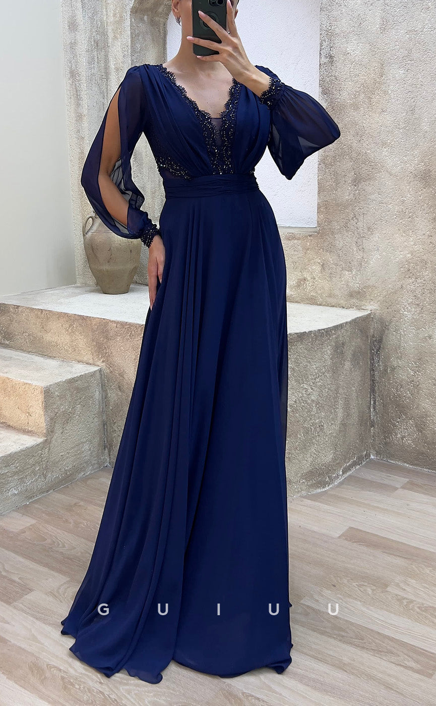 G3482 - Classic & Modern A-Line V-Neck Long Sleeves Sequined Draped Floor-Length Party Prom Dress