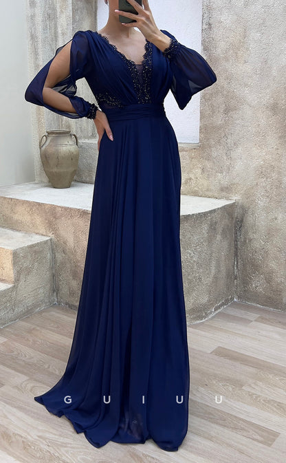 G3482 - Classic & Modern A-Line V-Neck Long Sleeves Sequined Draped Floor-Length Party Prom Dress