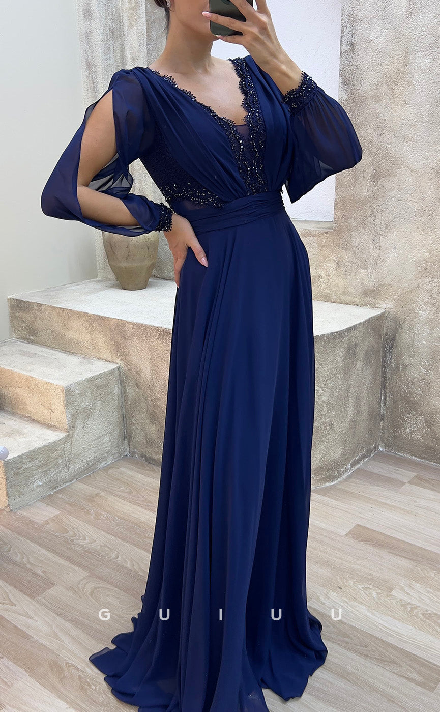 G3482 - Classic & Modern A-Line V-Neck Long Sleeves Sequined Draped Floor-Length Party Prom Dress