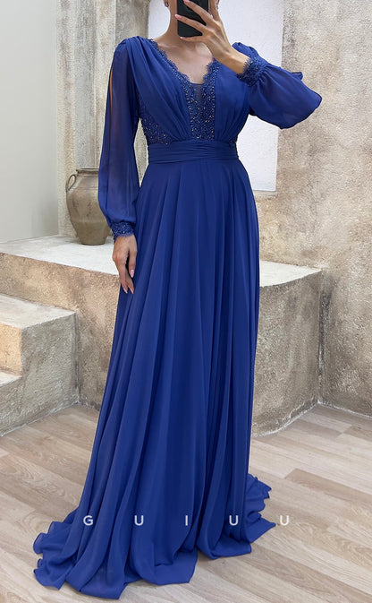 G3482 - Classic & Modern A-Line V-Neck Long Sleeves Sequined Draped Floor-Length Party Prom Dress