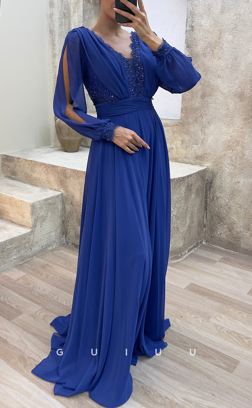 G3482 - Classic & Modern A-Line V-Neck Long Sleeves Sequined Draped Floor-Length Party Prom Dress