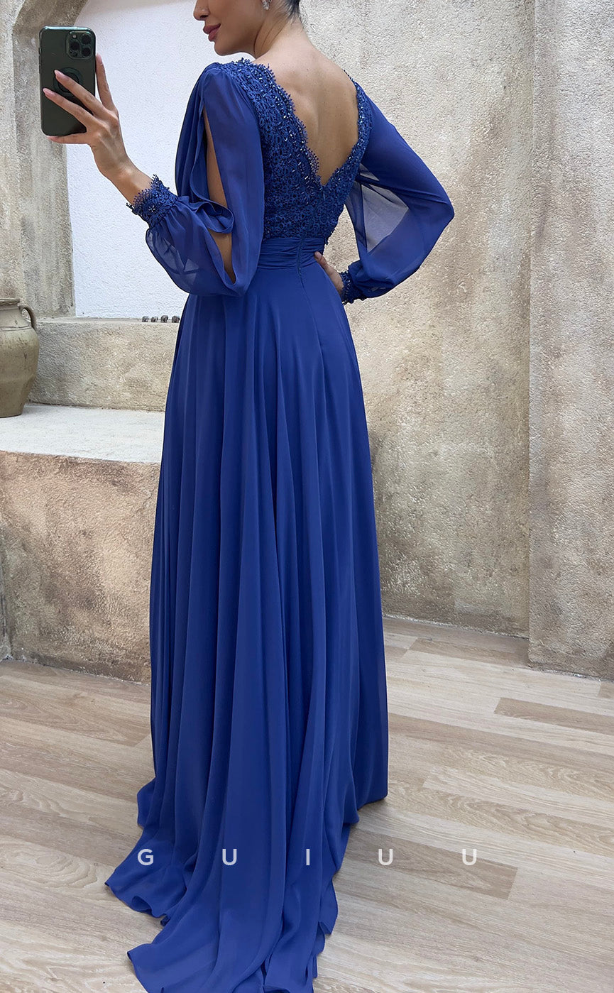 G3482 - Classic & Modern A-Line V-Neck Long Sleeves Sequined Draped Floor-Length Party Prom Dress