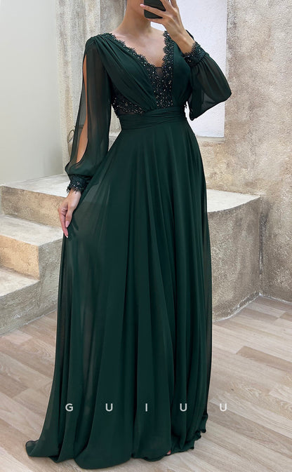 G3482 - Classic & Modern A-Line V-Neck Long Sleeves Sequined Draped Floor-Length Party Prom Dress