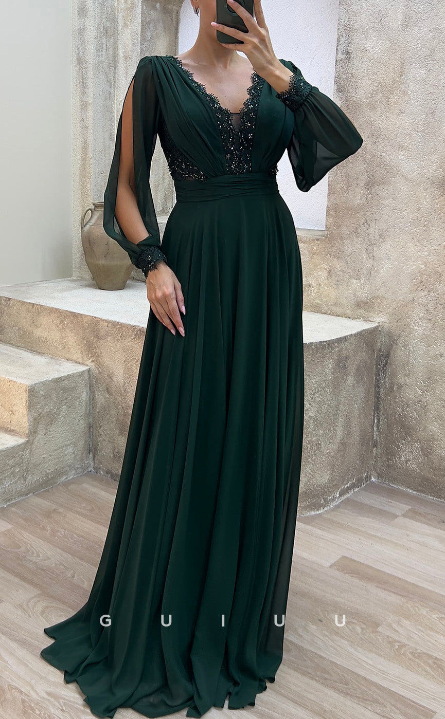 G3482 - Classic & Modern A-Line V-Neck Long Sleeves Sequined Draped Floor-Length Party Prom Dress