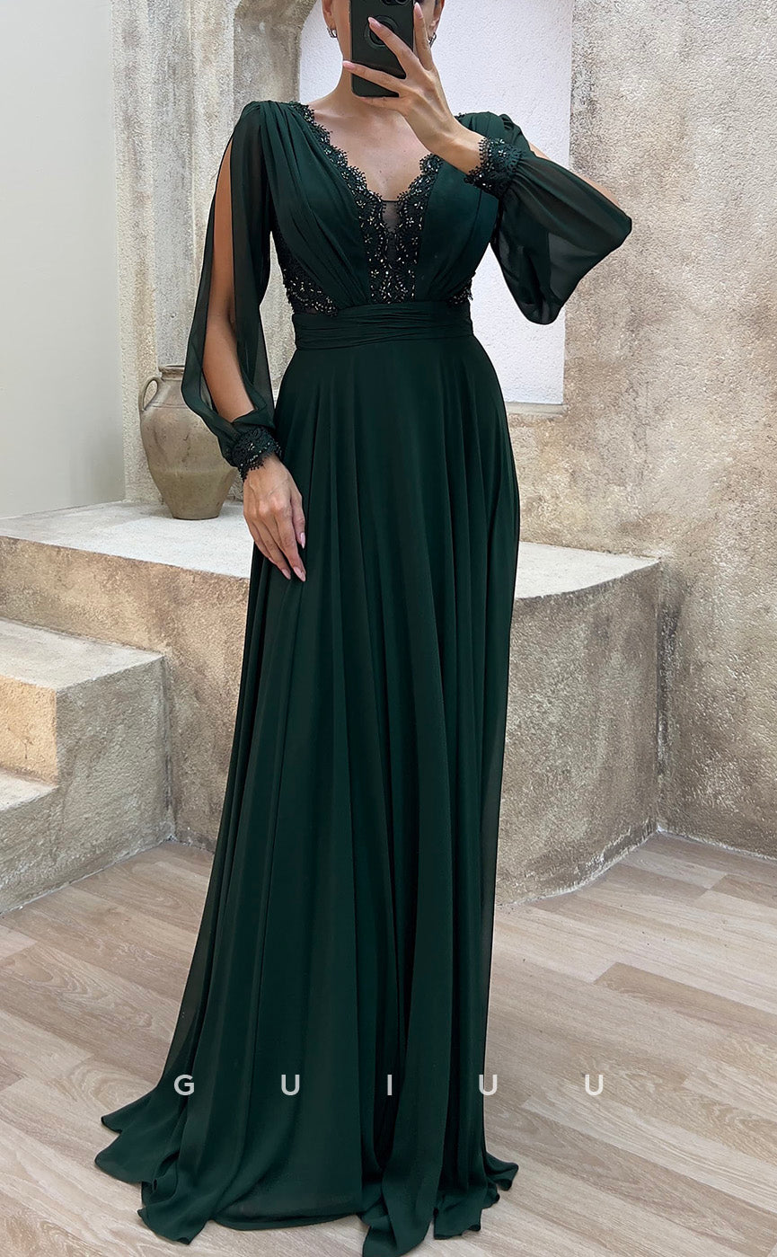 G3482 - Classic & Modern A-Line V-Neck Long Sleeves Sequined Draped Floor-Length Party Prom Dress