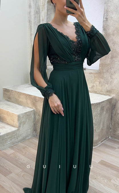 G3482 - Classic & Modern A-Line V-Neck Long Sleeves Sequined Draped Floor-Length Party Prom Dress