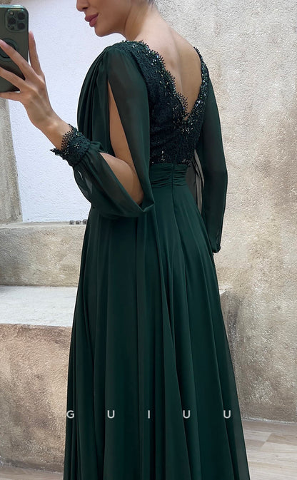 G3482 - Classic & Modern A-Line V-Neck Long Sleeves Sequined Draped Floor-Length Party Prom Dress