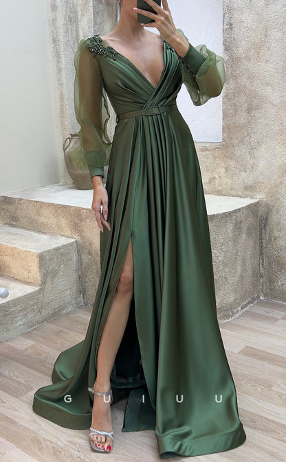 G3483 - Classic & Timeless A-Line Satin V-Neck Draped Appliques High Side Slit Sash Floor-Length Party Gown Prom Dress