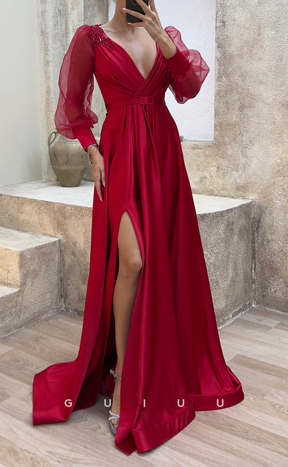 G3483 - Classic & Timeless A-Line Satin V-Neck Draped Appliques High Side Slit Sash Floor-Length Party Gown Prom Dress