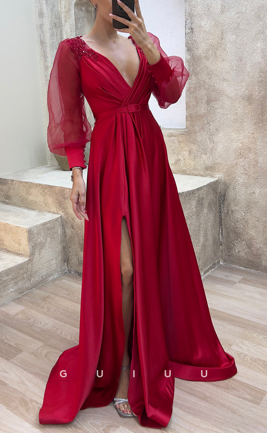 G3483 - Classic & Timeless A-Line Satin V-Neck Draped Appliques High Side Slit Sash Floor-Length Party Gown Prom Dress