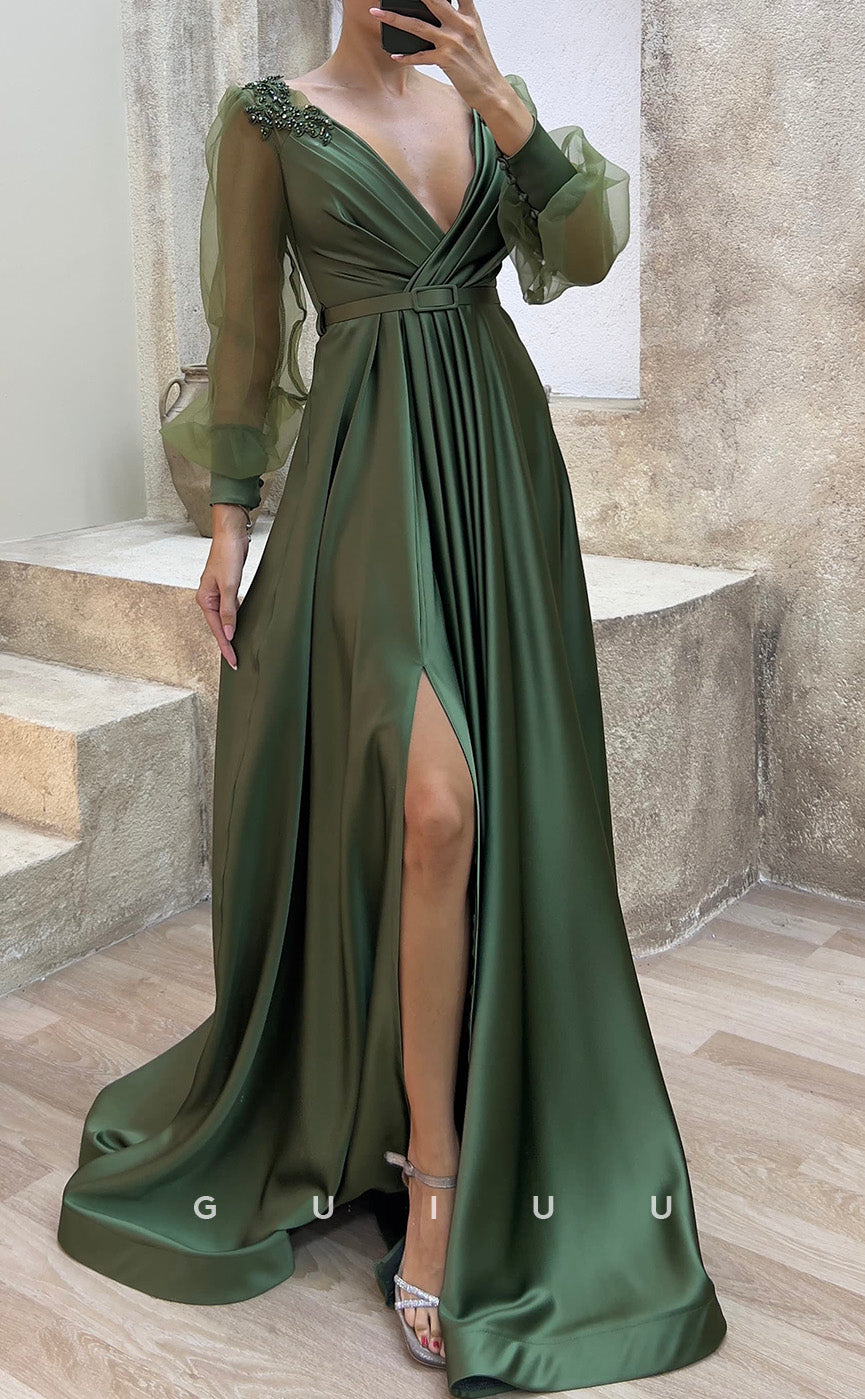 G3483 - Classic & Timeless A-Line Satin V-Neck Draped Appliques High Side Slit Sash Floor-Length Party Gown Prom Dress