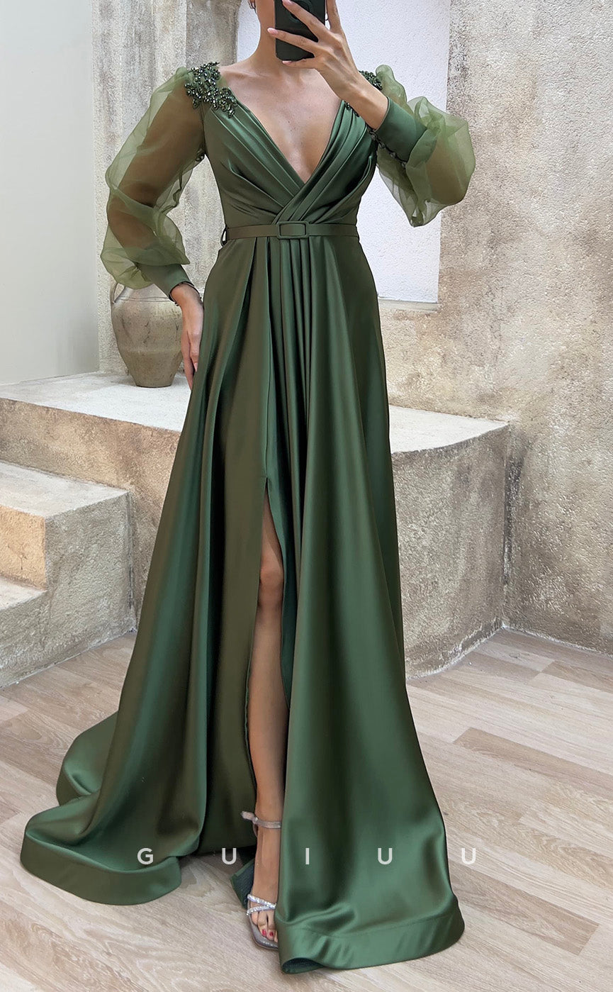 G3483 - Classic & Timeless A-Line Satin V-Neck Draped Appliques High Side Slit Sash Floor-Length Party Gown Prom Dress