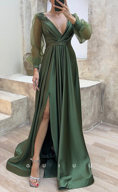 G3483 - Classic & Timeless A-Line Satin V-Neck Draped Appliques High Side Slit Sash Floor-Length Party Gown Prom Dress