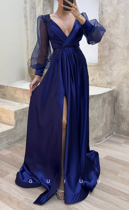 G3484 - Classic & Timeless A-Line V-Neck Beaded Long Tulle Sleeves High Side Slit Floor-Length Party Ballgown Prom Dress