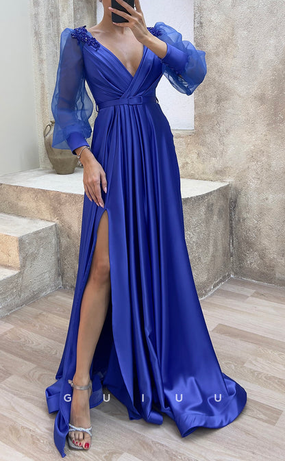 G3484 - Classic & Timeless A-Line V-Neck Beaded Long Tulle Sleeves High Side Slit Floor-Length Party Ballgown Prom Dress