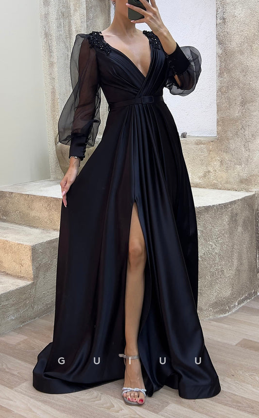 G3484 - Classic & Timeless A-Line V-Neck Beaded Long Tulle Sleeves High Side Slit Floor-Length Party Ballgown Prom Dress