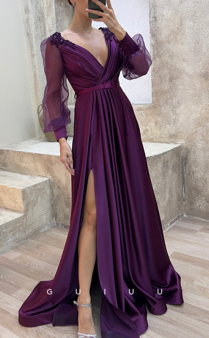 G3484 - Classic & Timeless A-Line V-Neck Beaded Long Tulle Sleeves High Side Slit Floor-Length Party Ballgown Prom Dress