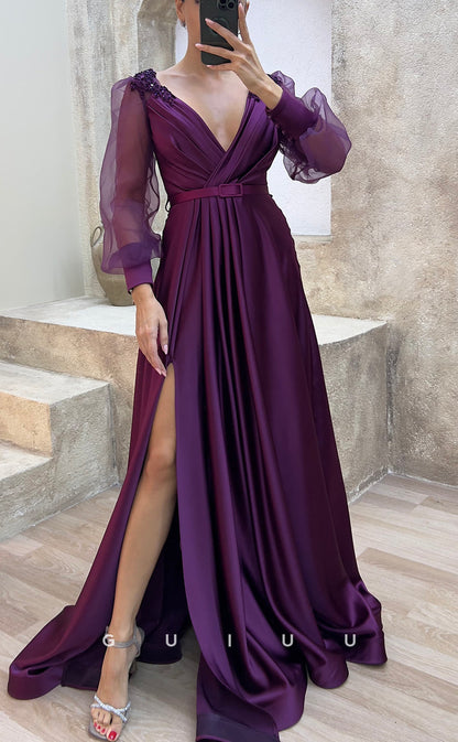 G3484 - Classic & Timeless A-Line V-Neck Beaded Long Tulle Sleeves High Side Slit Floor-Length Party Ballgown Prom Dress