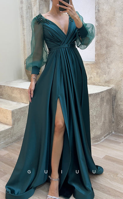 G3484 - Classic & Timeless A-Line V-Neck Beaded Long Tulle Sleeves High Side Slit Floor-Length Party Ballgown Prom Dress