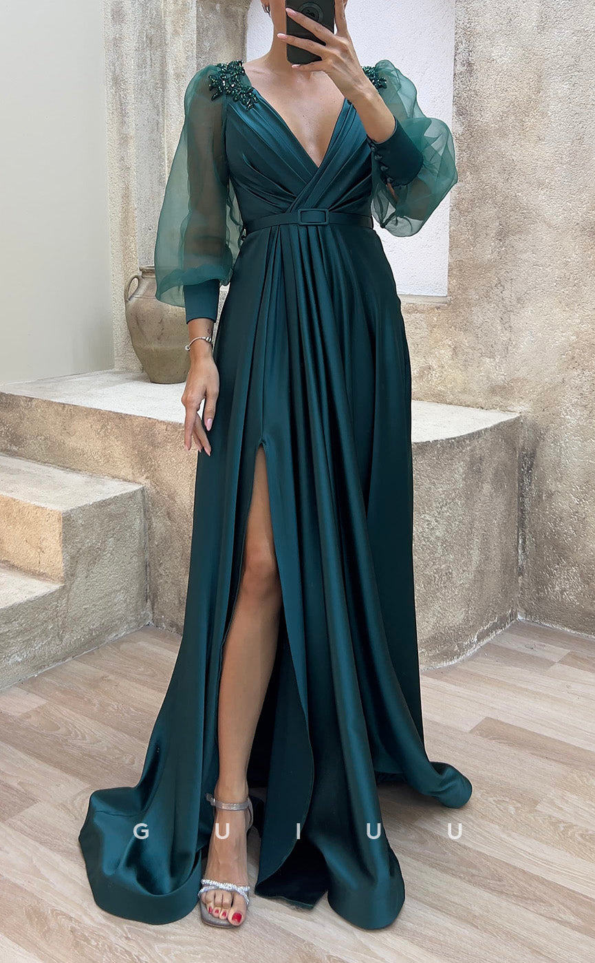 G3484 - Classic & Timeless A-Line V-Neck Beaded Long Tulle Sleeves High Side Slit Floor-Length Party Ballgown Prom Dress