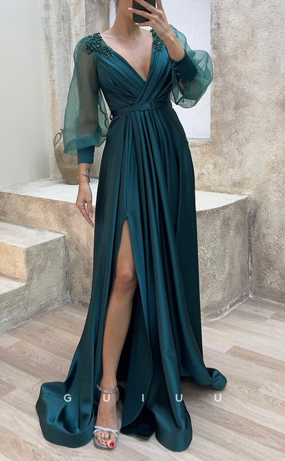 G3484 - Classic & Timeless A-Line V-Neck Beaded Long Tulle Sleeves High Side Slit Floor-Length Party Ballgown Prom Dress