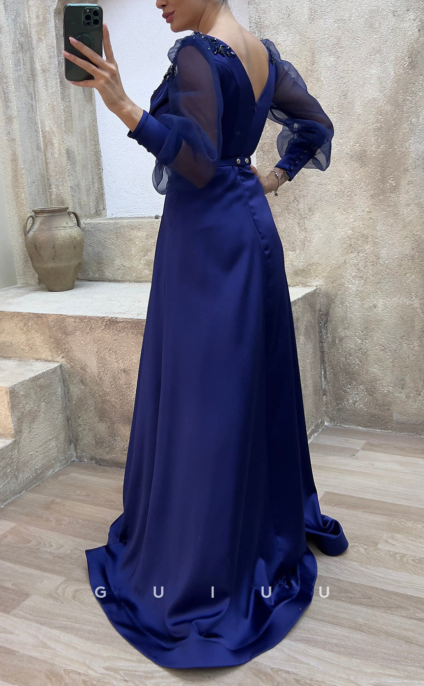 G3484 - Classic & Timeless A-Line V-Neck Beaded Long Tulle Sleeves High Side Slit Floor-Length Party Ballgown Prom Dress