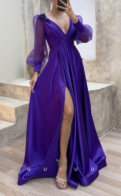 G3484 - Classic & Timeless A-Line V-Neck Beaded Long Tulle Sleeves High Side Slit Floor-Length Party Ballgown Prom Dress