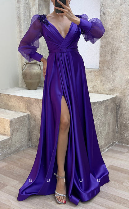 G3484 - Classic & Timeless A-Line V-Neck Beaded Long Tulle Sleeves High Side Slit Floor-Length Party Ballgown Prom Dress